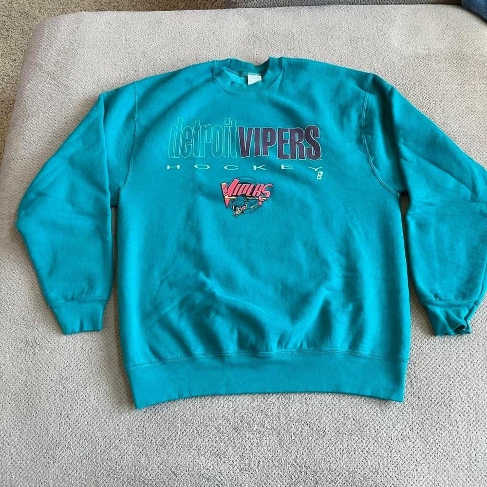 Vintage 1990s Detroit Vipers Hockey Salem Sportswear Sweatshirt Teal XL USA
